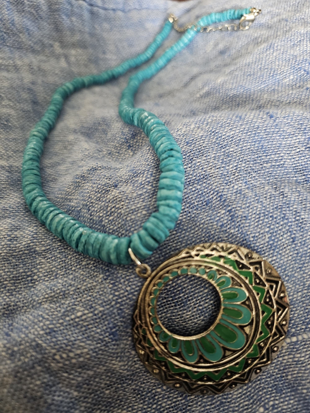Upcycled Hand Made Turquoise Shell Necklace with Silver-Tone Filigree Pendant